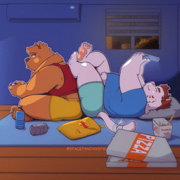 anthro belly black_nose bottomwear box brown_body brown_fur clothing container controller detailed_background duo fur game_controller gaming inside male male/male overweight overweight_male pizza_box playing_video_game shirt shorts sitting tongue tongue_out topwear white_body spacepanda bear felid mammal pantherine tiger 1:1 2026 hi_res
