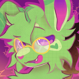ambiguous_form ambiguous_gender eyewear fangs fur glasses green_body green_fur open_mouth open_smile purple_eyes purple_tongue round_glasses smile solo teeth tongue littleperrito lagomorph leporid mammal rabbit 1:1 2026 headshot_portrait hi_res icon portrait
