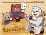 anthro apron bow_tie brown_body brown_fur clothing container cup dot_eyes fur grey_body grey_fur group hat headgear headwear kemono male mug sitting young young_anthro sayolino kumalino sanrio brew_(kumalino) drip_(kumalino) roast_(kumalino) syrup_(kumalino) bear mammal 2023