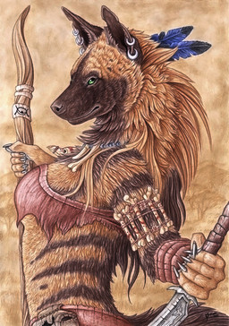 5_fingers accessory anthro bag belt_pouch biped black_body black_eyes black_fur black_hair black_nose blue_body blue_feathers bone breasts brown_body brown_fur brown_hair claws clothed clothed_anthro clothed_female clothing dagger ear_piercing ear_ring feather_in_hair feathers female female_anthro finger_claws fingerpads fingers fur green_sclera grey_claws grey_pawpads hair hair_accessory holding_dagger holding_knife holding_melee_weapon holding_object holding_staff holding_weapon jewelry knife long_hair loose_feather melee_weapon midriff mouth_closed multicolored_body multicolored_fur multicolored_hair necklace outside pawpads piercing ring_piercing savanna side_view skimpy skull solo staff striped_body striped_fur stripes tribal trophy_necklace two_tone_body two_tone_fur two_tone_hair warrior weapon simul kikivuli hyena mammal striped_hyena 2011 half-length_portrait portrait