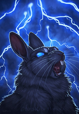 ambiguous_gender black_lips blue_eyes electricity feral fur grey_body grey_fur lightning lips open_mouth semi-realistic solo teeth tongue whiskers katie_hofgard lagomorph leporid mammal rabbit 2015 detailed digital_media_(artwork) signature watermark