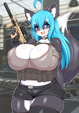 ahoge anthro areola areola_slip armwear big_breasts blue_eyes blue_hair blush bottomwear breasts cleavage clothed clothing collarbone cute_fangs dipstick_tail eyebrow_through_hair eyebrows fangs female fingerless_gloves fur glistening glistening_body gloves grey_body grey_fur gun hair handwear huge_breasts inner_ear_fluff legwear long_hair markings mp7 multicolored_body multicolored_fur nipple_outline open_mouth open_smile ranged_weapon shorts smile solo stockings tactical_gear tail tail_markings teeth topwear translucent translucent_hair tuft two_tone_body two_tone_fur weapon white_body white_fur tailzkim hanul canid canine canis domestic_dog husky mammal nordic_sled_dog spitz absurd_res hi_res