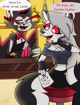 alcohol_bottle anthro back_wings bar bar_stool beverage_bottle black_sclera blush bottle bottomwear bow_tie breasts cleavage clothed clothed_anthro clothed_female clothed_male clothing collar container crop_top dialogue duo eyebrows female fingerless_gloves fur furniture gloves grey_body grey_fur grey_hair hair hand_on_neck handwear hat headgear headwear heart_nose heart_symbol long_eyebrows long_hair male midriff one_eye_closed phone_number red_sclera shirt shirtless_anthro shirtless_male shorts sitting small_waist stool suspenders text topwear triangle_nose white_eyes wide_hips wings wink yellow_eyes starpaintart hazbin_hotel hellaverse helluva_boss mythology husk_(hazbin_hotel) loona_(helluva_boss) canid canid_demon canine cat_demon demon felid_demon hellhound mammal mythological_canine mythological_creature sinner_demon 2025 absurd_res artist_name comic_sans dated english_text hi_res