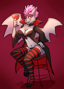 anthro big_breasts breasts cleavage clothed clothing ear_piercing eyebrows eyelashes eyeshadow female hair hand_on_hip makeup midriff piercing pink_hair pink_nose skimpy solo wings combatraccoon bat mammal vampire hi_res