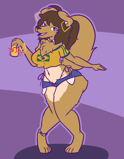 alcohol anthro beer beverage beverage_can big_breasts big_butt bikini_thong bottomwear brazilian_flag breasts butt can clothing container crop_top ear_piercing ear_ring female holding_can holding_container holding_object hotpants jersey midriff open_mouth piercing ring_piercing shirt shorts smile solo swimwear thick_thighs topwear wide_hips nokamiwd brazilian_miku july_shepherd_(nokamiwd) canid canine canis domestic_dog mammal absurd_res hi_res