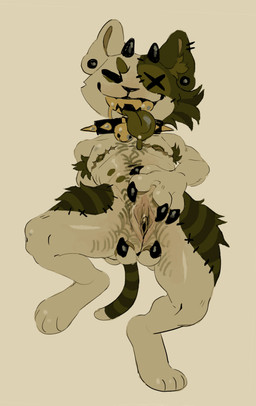 andromorph andromorph_anthro anthro armpit_hair bell bell_collar belly_hair big_clitoris biped body_hair chest_hair claws clitoral_hood clitoris collar ear_piercing front_view fur gauged_ear genitals green_body green_fur hairless horn humanoid_genitalia humanoid_vulva intersex intersex_anthro mastectomy_scar multi_nipple nipples piercing pubes scar sharp_teeth solo spread_vulva spreading stripes t_dick tail teeth tongue tongue_out visibly_trans vulva chemicallyroadkill domestic_cat felid feline felis hairless_cat hybrid mammal patchwork_creature absurd_res hi_res trans_(lore) trans_man_(lore)