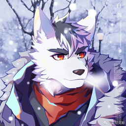 anthro black_hair blurred_background fur hair male scarf snow snowing solo steamy_breath white_body white_fur delax_(artist) tianhehui canid canine canis mammal wolf 1:1