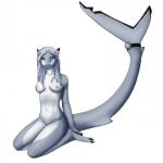 anthro bell biped blue_eyes breasts claws collar female hair kneeling looking_at_viewer navel nipples non-mammal_breasts non-mammal_nipples nude simple_background solo toe_claws white_background white_hair uncomfortabledrawingfurries ryn_iiskra fish marine shark 1:1 hi_res