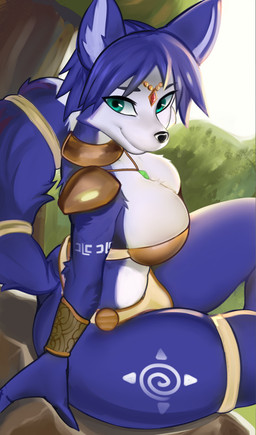 anthro big_breasts blue_body blue_fur blue_hair breasts butt clothed clothing female fur hair looking_at_viewer sitting solo white_body white_fur sharkbytesx nintendo star_fox krystal_(star_fox) canid canine fox mammal hi_res