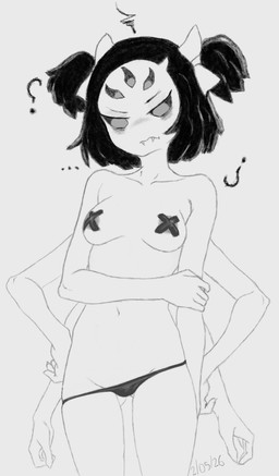 accessory annoyed anthro bedroom_eyes black_clothing black_hair black_panties black_sclera black_underwear blush breasts clothing cute_fangs fangs female hair hair_accessory hair_ribbon hand_on_arm looking_at_viewer multi_eye multi_limb narrowed_eyes nipple_tape panties pasties question_mark ribbons seductive slim small_breasts small_waist solo tape teeth underwear incultavulp_(artist) undertale undertale_(series) muffet arachnid arthropod humanoid spider absurd_res hi_res monochrome