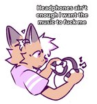 anthro clothing electronics frown frustrated headphones holding_headphones humor male musical_note musical_symbol pink_clothing pink_shirt pink_topwear profanity shirt simple_background symbol text topwear white_background oapakorgs korgs canid canine canis domestic_dog herding_dog mammal pastoral_dog welsh_corgi