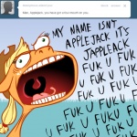 ask_jappleack blonde_hair dialogue female feral grass green_eyes hair mane open_mouth plant ponytail solo teeth text tongue hotdiggedydemon friendship_is_magic hasbro my_little_pony tumblr applejack_(mlp) earth_pony equid equine horse mammal pony 1:1 digital_media_(artwork) english_text