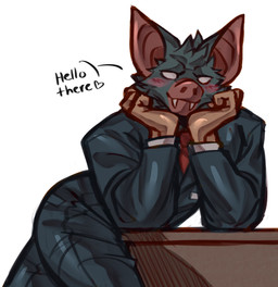 biped black_body black_fur clothed clothing for_a_head fur male necktie simple_background solo text white_background white_eyes atkaso dispatch sonar_(dispatch) animal_head animal_humanoid bat humanoid mammal 2025 english_text hi_res