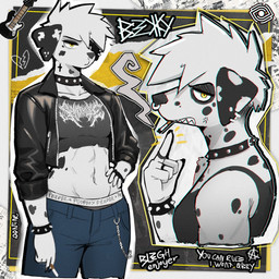 abs alternative_fashion anthro band_shirt black_spotted_fur bracelet breasts cigarette clothing collar ear_piercing electric_guitar facial_piercing female fur guitar jacket jewelry leather leather_clothing leather_jacket leather_topwear markings medium_breasts midriff musical_instrument nose_piercing nose_ring piercing plucked_string_instrument punk ring ring_piercing shirt smoking smoking_cigarette solo spiked_bracelet spiked_collar spikes spots spotted_body spotted_fur string_instrument tank_top topwear wallet_chain white_body white_fur yellow_eyes 00niine canid canine canis dalmatian domestic_dog mammal 1:1 2025 hi_res