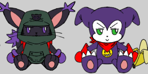 anthro banana black_body black_fur chibi claws duo food fruit fur kerchief pawpads pink_pawpads plant purple_body misterhardgrind bandai_namco digimon digimon_ghost_game blackgatomon blackgatomon_uver. demon digimon_(species) domestic_cat felid feline felis impmon mammal