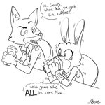 ambiguous_gender anthro beverage chair clothed clothing coffee container cup dialogue drinking duo fur furniture holding_container holding_cup holding_object looking_at_another necktie police police_uniform shaking shirt simple_background sitting speech_bubble text topwear uniform white_background boreoboros disney zootopia judy_hopps nick_wilde canid canine fox lagomorph leporid mammal rabbit red_fox true_fox 1:1 2017 black_and_white english_text monochrome