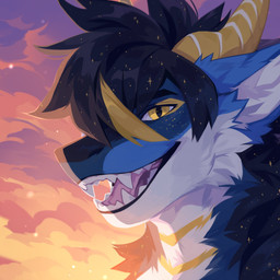 anthro black_eyebrows black_hair blonde_hair blue_body blue_ears blue_fur cheek_tuft cloud detailed_background eyebrows facial_tuft fangs fur glistening glistening_eyes hair horn male neck_tuft open_mouth outside pink_tongue pupils slit_pupils solo teeth three-quarter_view tongue tuft unsigned white_body white_fur yellow_body yellow_eyes yellow_fur yellow_horn corzh77 species_request 1:1 absurd_res bust_portrait detailed hi_res icon portrait