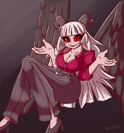 animal_ears big_breasts blush blush_lines bottomwear breasts cleavage clothed clothing eyelashes feathered_wings feathers female floppy_ears footwear gesture grey_background grey_body grey_bottomwear grey_clothing grey_feathers grey_footwear grey_horn grey_pants grey_shoes hair high_heels horizontal_pupils horn huge_breasts long_hair looking_at_viewer lop_ears pants pattern_bottomwear pattern_clothing pattern_pants pink_clothing pink_shirt pink_topwear pupils red_eyes shirt shoes shrug simple_background smile solo striped_bottomwear striped_clothing striped_pants stripes thick_thighs topwear white_hair wide_hips wings gromfrom helltaker baphomet_(grizz46528570) animal_humanoid bovid bovid_humanoid caprine caprine_humanoid demon demon_humanoid goat_humanoid humanoid mammal mammal_humanoid winged_humanoid hi_res