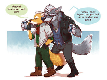 alcohol anthro beer belt_buckle beverage beverage_can boots buckle can clothing container drunk duo footwear holding_can holding_container holding_object jacket leather leather_clothing leather_jacket leather_topwear male shoes substance_intoxication tail text topwear eclipticafusion nintendo star_fox fox_mccloud wolf_o'donnell canid canine canis fox mammal wolf 4:3 english_text