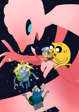 anthro clothed clothing crown eating food group headgear male pickle_(food) pickle_jar sandwich_(food) yunta0722 adventure_time cartoon_network farmworld_finn finn_the_human jake_the_dog prismo_(adventure_time) canid canine canis domestic_dog human humanoid mammal 2015 hi_res