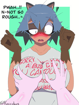 anthro big_breasts blue_hair blush breast_grab breast_squish breasts brown_body brown_fur clothed clothing disembodied_hand embarrassed female fondling fur grope hair hand_on_breast open_mouth pink_body shirt simple_background solo squish surprised text text_on_clothing text_on_shirt text_on_topwear topwear keccubus brand_new_animal studio_trigger michiru_kagemori canid canine mammal raccoon_dog tanuki absurd_res digital_drawing_(artwork) digital_media_(artwork) english_text hi_res