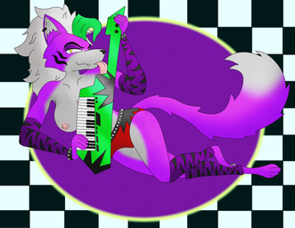 alternative_fashion anthro belt black_nose bracelet breasts checkered checkered_background clothed clothing ear_piercing exposed_breasts female fur glamrock green_hair grey_body grey_fur hair jewelry keyboard_instrument leggings legwear licking looking_at_viewer lying markings musical_instrument nipple_piercing nipples on_side pattern_background pattern_clothing piercing pink_nipples purple_body purple_fur red_clothing simple_background solo spiked_belt spiked_bracelet spikes striped_clothing striped_markings stripes teeth tongue tongue_out topless topless_female white_hair yellow_eyes dahabi five_nights_at_freddy's five_nights_at_freddy's:_security_breach scottgames steel_wool_studios roxanne_wolf canid canine canis mammal wolf hi_res
