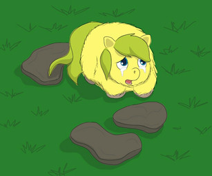 ambiguous_feral ambiguous_gender blue_eyes bodily_fluids crying feral front_view fur grass green_hair green_tail hair hooves looking_up open_mouth plant sad solo standing tail tears yellow_body yellow_fur young young_ambiguous young_feral carpdime fluffy_pony fluffy_pony_(species) mammal digital_media_(artwork) shaded
