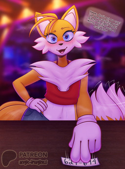 anthro blue_eyes blush bodily_fluids bottomwear cheek_tuft clothing crossgender denim denim_bottomwear denim_clothing dialogue facial_tuft female fluffy fluffy_chest fluffy_tail gloves handwear jeans multi_tail musk pants patreon_logo phone_number shirt solo sweat tail tank_top topwear tuft angie_imagines patreon sega sonic_the_hedgehog_(series) miles_prower canid canine fox mammal absurd_res hi_res