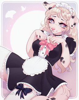 5_fingers anthro bangs black_choker black_claws black_clothing black_eyebrows black_jewelry black_markings black_necklace blue_eyes choker claws clothing dress eyebrows eyelashes female fingers floppy_ears fur hair jewelry legwear long_eyelashes long_hair looking_at_viewer lying maid_headdress maid_uniform markings necklace on_back pink_body pink_bow pink_fur pink_nose simple_background smile solo spots spotted_body spotted_fur stockings tail uniform white_clothing white_legwear white_stockings cepto_(artist) canid canine canis dalmatian domestic_dog mammal colored digital_drawing_(artwork) digital_media_(artwork) hi_res shaded