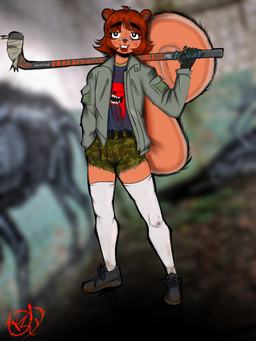 anthro bangs black_clothing black_gloves black_handwear blurred_background bottomwear brown_body brown_hair camo camo_clothing camo_print clothed clothed_anthro clothed_female clothing female female_anthro footwear front_view gloves hair handwear hockey_stick jacket legwear logo looking_at_viewer open_mouth pattern_clothing shirt shoes short_hair shorts socks solo standing stockings thigh_highs thigh_socks topwear kys7 mammal rodent sciurid tree_squirrel 3:4 artist_logo digital_drawing_(artwork) digital_media_(artwork) full-length_portrait hi_res portrait shaded simple_shading