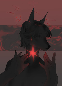 5_fingers abstract_background ambiguous_gender anthro claws collarbone disembodied_hand duo ear_piercing eyelashes eyes_closed female female_focus fingers front_view glowing hair halo humanoid_hands piercing short_hair solo_focus vantess deer mammal bust_portrait hi_res monochrome portrait