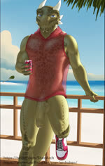 anthro balls beach beverage_can big_balls big_penis blue_eyes bottomless bottomless_anthro bottomless_male chin_spikes clothed clothing erection facial_spikes footwear foreskin genitals green_balls green_body green_penis green_scales half-erect hoodie horn huge_penis humanoid_genitalia humanoid_penis long_penis looking_at_viewer male mesh_top muscular muscular_male non-mammal_balls outside penis railing scales seaside shoes sleeveless_hoodie solo spikes spikes_(anatomy) throbbing throbbing_balls throbbing_penis topwear translucent translucent_clothing vein veiny_penis water archshen microsoft the_elder_scrolls shen_(archshen) argonian scalie 2d_animation animated loop no_sound short_playtime webm