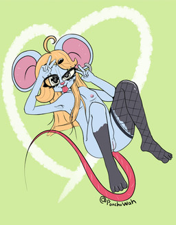 ambiguous_gender bedroom_eyes clothing female genitals gesture hand_gesture huge_ears leg_markings legwear legwear_only lying markings mostly_nude narrowed_eyes on_back seductive single_stocking socks_(marking) solo spread_legs spreading stockings stockings_only v_sign vulva young young_ambiguous young_female ponchowah amberlin_(ponchowah) mammal mouse murid murine rodent absurd_res hi_res adult_(lore)