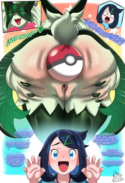 5_fingers anthro bent_over big_butt biped black_hair blue_eyes blush bodily_fluids butt clothed clothed_female clothed_human clothing duo female female_anthro female_human fingers fur genitals green_body green_fur hair humanoid_hands multicolored_body multicolored_fur nude nude_anthro nude_female pink_eyes pokeball standing sweat sweatdrop sweaty_butt text vulva helloguish nintendo pokemon liko's_meowscarada liko_(pokemon) generation_9_pokemon human mammal meowscarada pokemon_(species) absurd_res english_text hi_res