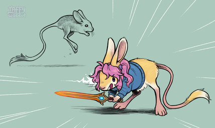 4_toes ambiguous_gender anthro blue_clothing blue_sweater blue_topwear clothed clothed_feral clothing digitigrade duo feet feral fur grey_background hair holding_melee_weapon holding_object holding_sword holding_weapon melee_weapon open_mouth paws pink_hair ponytail simple_background smile spread_toes sweater sword tail toes topwear weapon whiskers yellow_body yellow_fur taffywabbit soleil_(keffotin) dipodid jerboa mammal rodent 2024 digital_media_(artwork) trans_(lore) trans_woman_(lore)