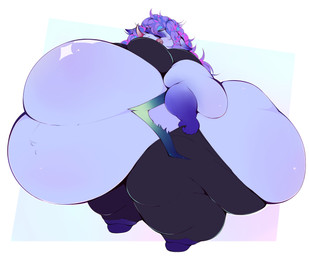 anthro belly belly_overhang big_belly big_butt black_bottomwear black_clothing black_pants bottomwear butt chubby_cheeks clothing curly_hair eyes_closed fat_arms fur hair hooves huge_butt leg_rolls male moobs morbidly_obese obese obese_anthro obese_male overweight overweight_anthro overweight_male pants purple_body purple_fur solo thick_thighs demongirl_demoness bovid caprine mammal sheep 2026 absurd_res digital_drawing_(artwork) digital_media_(artwork) hi_res