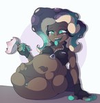 after_vore belly big_belly breasts brown_body brown_skin duo female female_pred female_prey green_eyes overweight simple_background vore white_background malachi21148 nintendo splatoon marina_(splatoon) pearl_(splatoon) cephalopod inkling marine mollusk octarian octoling 2018 hi_res