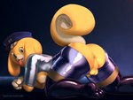 animal_genitalia anthro balls breasts butt clothing fur genitals gynomorph intersex police police_uniform presenting presenting_hindquarters sheath solo tongue tongue_out uniform yellow_body yellow_fur backstreetcrab astral_chain nintendo platinumgames lappy_(astral_chain) canid canine canis domestic_dog mammal 4:3