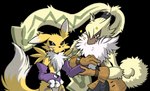 anthro blue_eyes bottomwear clothing duo female fur gloves handwear long_ears male orange_eyes pants shirtless small_waist sparkles yellow_body yellow_fur portugueselynx bandai_namco digimon digimon_ghost_game canid digimon_(species) lagomorph leporid mammal rabbit renamon symbareangoramon alpha_channel