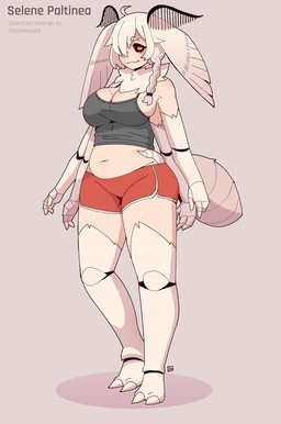 4_arms antennae_(anatomy) arthropod_abdomen belly big_breasts black_sclera bottomwear braided_hair breasts cleavage clothed clothing exoskeleton female hair looking_at_viewer markings midriff mole_(marking) mole_on_breast multi_arm multi_limb navel neck_tuft orange_eyes shadow shorts simple_background slightly_chubby slightly_chubby_female slightly_chubby_humanoid smile smiling_at_viewer solo standing text thick_thighs topwear tuft white_hair low_res_art selene_paltinea animal_humanoid arthropod arthropod_humanoid humanoid insect insect_humanoid lepidopteran lepidopteran_humanoid moth_humanoid hi_res model_sheet signature