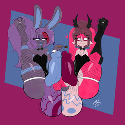 anthro antlers balls balls_touching big_balls big_penis blush bunny_costume clothing costume digit_ring duo eyewear feet femboy fishnet_clothing fishnet_legwear frottage genitals glasses holidays horn huge_balls huge_penis jewelry legwear male male/male paint penile penis penises_touching ring sex thick_thighs toe_ring toes aurabutt atlyss easter aura_(aurabutt) evelia_zara jackalope lagomorph leporid mammal poon_(atlyss) rabbit 1:1 hi_res