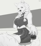 alcohol anthro arm_tuft bar_stool beverage big_breasts big_butt bottomwear braided_hair breasts butt claws clothing collar ear_piercing female fluffy fluffy_tail fur furniture glass hair hand_on_chest holding_glass holding_object inner_ear_fluff looking_at_viewer melee_weapon miniskirt piercing shoulder_tuft skirt smile smiling_at_viewer smirk smirking_at_viewer solo stool tail thick_thighs topwear tuft weapon white_body white_fur o.z.y. xara_(o.z.y.) canid mammal hi_res