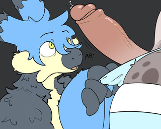 anthro bodily_fluids claws clothed clothing duo erection fluffy fur genital_fluids genitals legwear male partially_clothed penis precum surprised thigh_highs thong underwear underwear_down unassumingbee everett_(unassumingbee) 5:4 absurd_res hi_res