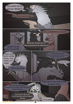 age_difference angry backpack chair dialogue eye_scar facial_scar female feral furniture group male military neck_scar older_female older_male scar scared scroll speech_bubble surprised text throne throne_room creativeclaws mythology avian gryphon mythological_avian mythological_creature absurd_res comic english_text hi_res