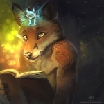 5_fingers anthro book brown_body brown_fur carrying_another claws duo fingers fur glowing holding_book holding_object male night nude on_head orange_body orange_fur outside reading size_difference yellow_eyes alectorfencer canid canine fox mammal spirit 1:1 2012