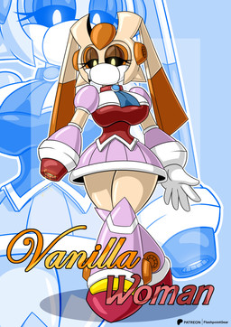 arm_cannon big_breasts black_sclera breasts clothing cravat dipstick_ears dress ear_markings eyelashes female long_ears looking_at_viewer machine mouthless multicolored_body multicolored_ears name_drop narrowed_eyes orange_body pseudo_clothing tan_body thick_thighs white_body yellow_eyes flashpointgear capcom mega_man_(series) sega sonic_the_hedgehog_(series) vanilla_the_rabbit lagomorph leporid mammal rabbit robot robot_master absurd_res hi_res