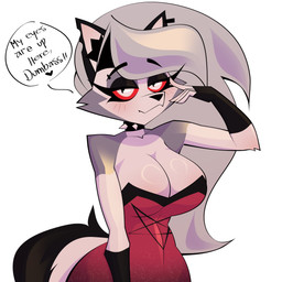 anthro bare_shoulders big_breasts blush breasts cleavage clothed clothing collar dress female fingerless_gloves gloves grey_hair hair handwear long_hair my_eyes_are_up_here red_clothing red_dress red_sclera solo spiked_collar spikes strapless_clothing strapless_dress text teaofcolors hellaverse helluva_boss mythology loona_(helluva_boss) canid canid_demon canine demon hellhound mammal mythological_canine mythological_creature 1:1 absurd_res hi_res