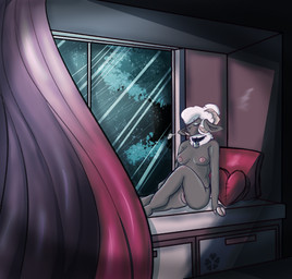 anthro bedroom bodily_fluids breasts curtains female female/female genital_fluids genitals masturbation nipples nude pillow plant raining shrub solo tree vaginal_fluids vulva window dollparts fall_(dollparts) bovid caprine domestic_sheep mammal sheep valais_blacknose hi_res