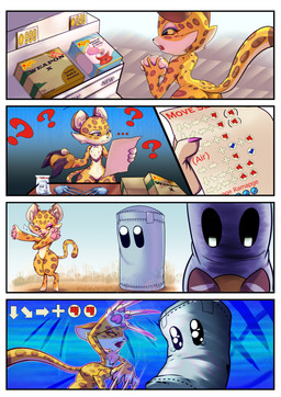 anthro armor claws clothing colored_nails countershading duo ellipsis female gauntlets gloves handwear mask nails paws text alipse kirby_(series) kirby_and_the_forgotten_land nintendo clawroline sandbag_(super_smash_bros.) felid leopard mammal pantherine absurd_res comic hi_res