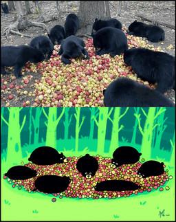 ambiguous_gender apple black_body black_ears black_eyes black_fur black_tail feral food fruit fur grass group plant tail tree keke_(artist) bear black_bear mammal ursine 2022 animated frame_by_frame signature
